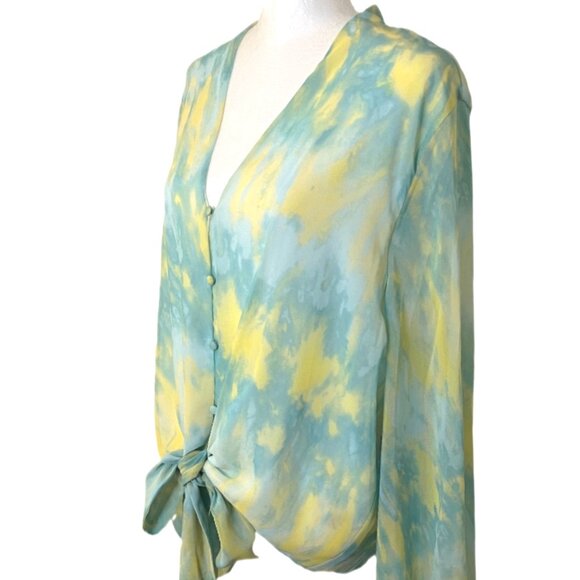 Vince Camuto Vivid Charm Green & Yellow Tie Dye Long Sleeve Blouse Size L NWT - Picture 7 of 13